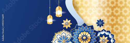 Islamic ramadan banner background with crescent pattern moon star mosque lantern. Vector illustration. Design for Eid Fitr, Eid Adha, Ashura, Islamic New Year, Muharram, Mawlid, Hajj, and Isra Miraj