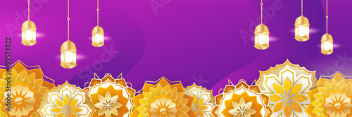 Islamic ramadan banner background with crescent pattern moon star mosque lantern. Vector illustration. Design for Eid Fitr, Eid Adha, Ashura, Islamic New Year, Muharram, Mawlid, Hajj, and Isra Miraj