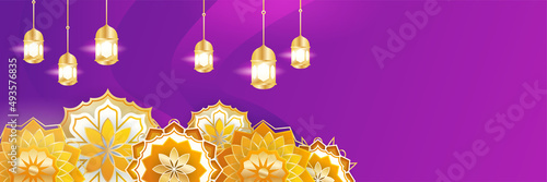 Islamic ramadan banner background with crescent pattern moon star mosque lantern. Vector illustration. Design for Eid Fitr, Eid Adha, Ashura, Islamic New Year, Muharram, Mawlid, Hajj, and Isra Miraj