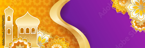 Islamic ramadan banner background with crescent pattern moon star mosque lantern. Vector illustration. Design for Eid Fitr, Eid Adha, Ashura, Islamic New Year, Muharram, Mawlid, Hajj, and Isra Miraj