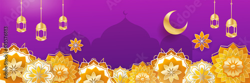 Islamic ramadan banner background with crescent pattern moon star mosque lantern. Vector illustration. Design for Eid Fitr, Eid Adha, Ashura, Islamic New Year, Muharram, Mawlid, Hajj, and Isra Miraj