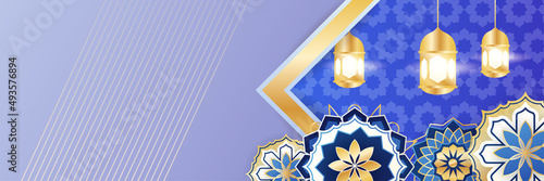 Islamic ramadan banner background with crescent pattern moon star mosque lantern. Vector illustration. Design for Eid Fitr, Eid Adha, Ashura, Islamic New Year, Muharram, Mawlid, Hajj, and Isra Miraj