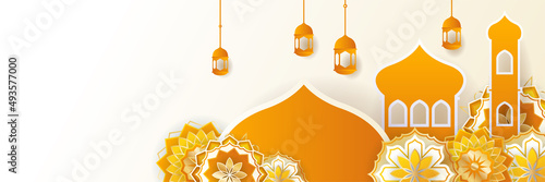 Islamic ramadan banner background with crescent pattern moon star mosque lantern. Vector illustration. Design for Eid Fitr, Eid Adha, Ashura, Islamic New Year, Muharram, Mawlid, Hajj, and Isra Miraj