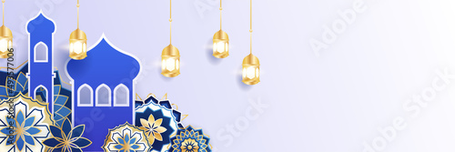 Islamic ramadan banner background with crescent pattern moon star mosque lantern. Vector illustration. Design for Eid Fitr, Eid Adha, Ashura, Islamic New Year, Muharram, Mawlid, Hajj, and Isra Miraj