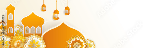 Islamic ramadan banner background with crescent pattern moon star mosque lantern. Vector illustration. Design for Eid Fitr, Eid Adha, Ashura, Islamic New Year, Muharram, Mawlid, Hajj, and Isra Miraj