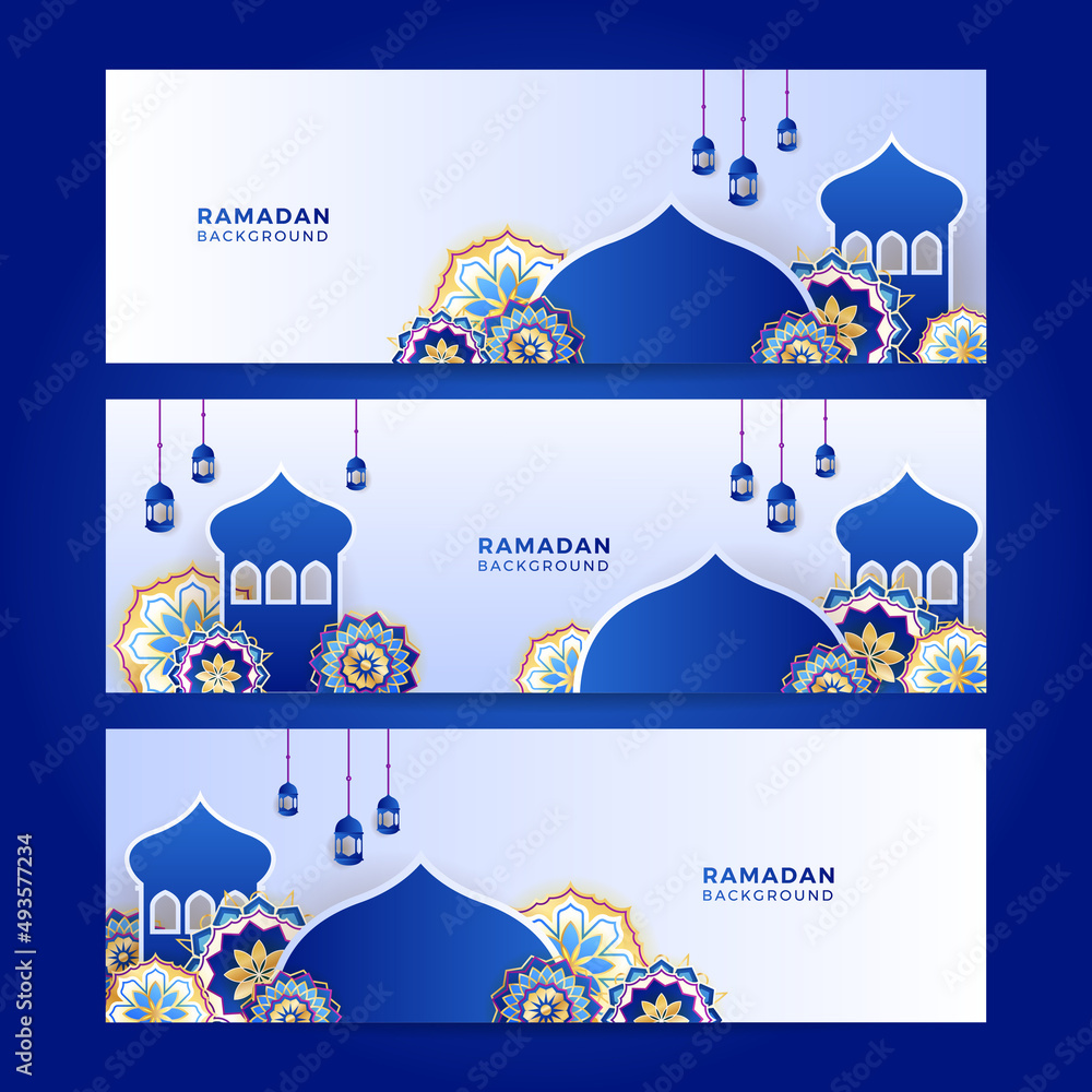 Set of islamic ramadan banner background with crescent pattern moon mosque lantern. Vector illustration. Design for Eid Fitr, Eid Adha, Ashura, Islamic New Year, Muharram, Mawlid, Hajj, and Isra Miraj
