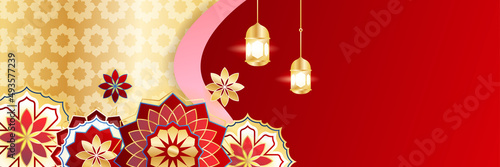 Islamic ramadan banner background with crescent pattern moon star mosque lantern. Vector illustration. Design for Eid Fitr, Eid Adha, Ashura, Islamic New Year, Muharram, Mawlid, Hajj, and Isra Miraj