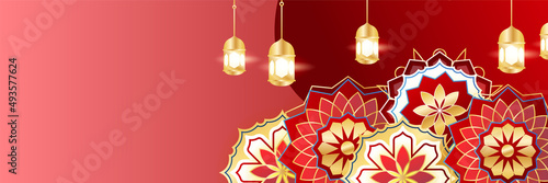 Islamic ramadan banner background with crescent pattern moon star mosque lantern. Vector illustration. Design for Eid Fitr, Eid Adha, Ashura, Islamic New Year, Muharram, Mawlid, Hajj, and Isra Miraj