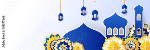 Islamic ramadan banner background with crescent pattern moon star mosque lantern. Vector illustration. Design for Eid Fitr, Eid Adha, Ashura, Islamic New Year, Muharram, Mawlid, Hajj, and Isra Miraj