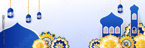 Islamic ramadan banner background with crescent pattern moon star mosque lantern. Vector illustration. Design for Eid Fitr, Eid Adha, Ashura, Islamic New Year, Muharram, Mawlid, Hajj, and Isra Miraj