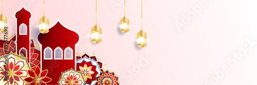Islamic ramadan banner background with crescent pattern moon star mosque lantern. Vector illustration. Design for Eid Fitr, Eid Adha, Ashura, Islamic New Year, Muharram, Mawlid, Hajj, and Isra Miraj