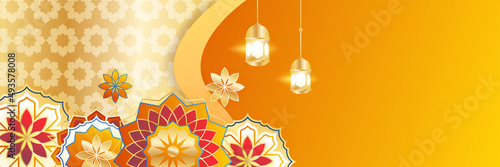 Islamic ramadan banner background with crescent pattern moon star mosque lantern. Vector illustration. Design for Eid Fitr, Eid Adha, Ashura, Islamic New Year, Muharram, Mawlid, Hajj, and Isra Miraj