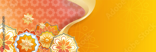 Islamic ramadan banner background with crescent pattern moon star mosque lantern. Vector illustration. Design for Eid Fitr, Eid Adha, Ashura, Islamic New Year, Muharram, Mawlid, Hajj, and Isra Miraj