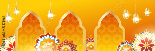 Islamic ramadan banner background with crescent pattern moon star mosque lantern. Vector illustration. Design for Eid Fitr, Eid Adha, Ashura, Islamic New Year, Muharram, Mawlid, Hajj, and Isra Miraj