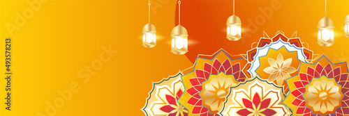 Islamic ramadan banner background with crescent pattern moon star mosque lantern. Vector illustration. Design for Eid Fitr, Eid Adha, Ashura, Islamic New Year, Muharram, Mawlid, Hajj, and Isra Miraj