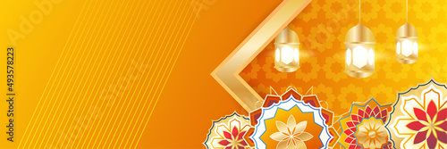 Islamic ramadan banner background with crescent pattern moon star mosque lantern. Vector illustration. Design for Eid Fitr, Eid Adha, Ashura, Islamic New Year, Muharram, Mawlid, Hajj, and Isra Miraj