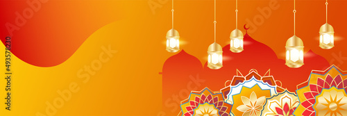 Islamic ramadan banner background with crescent pattern moon star mosque lantern. Vector illustration. Design for Eid Fitr, Eid Adha, Ashura, Islamic New Year, Muharram, Mawlid, Hajj, and Isra Miraj