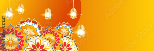 Islamic ramadan banner background with crescent pattern moon star mosque lantern. Vector illustration. Design for Eid Fitr, Eid Adha, Ashura, Islamic New Year, Muharram, Mawlid, Hajj, and Isra Miraj