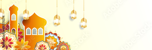 Islamic ramadan banner background with crescent pattern moon star mosque lantern. Vector illustration. Design for Eid Fitr, Eid Adha, Ashura, Islamic New Year, Muharram, Mawlid, Hajj, and Isra Miraj