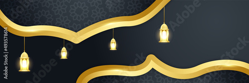 Islamic ramadan banner background with crescent pattern moon star mosque lantern. Vector illustration. Design for Eid Fitr, Eid Adha, Ashura, Islamic New Year, Muharram, Mawlid, Hajj, and Isra Miraj