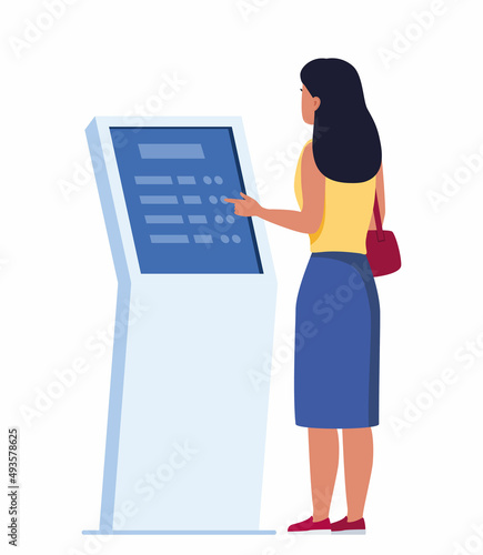Woman using self-service payment and information electronic terminal with touch screen. Vector illustration in flat style.