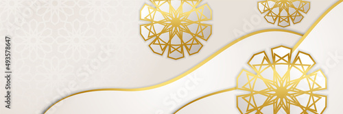 Islamic ramadan banner background with crescent pattern moon star mosque lantern. Vector illustration. Design for Eid Fitr, Eid Adha, Ashura, Islamic New Year, Muharram, Mawlid, Hajj, and Isra Miraj