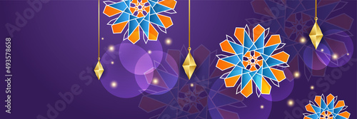 Islamic ramadan banner background with crescent pattern moon star mosque lantern. Vector illustration. Design for Eid Fitr, Eid Adha, Ashura, Islamic New Year, Muharram, Mawlid, Hajj, and Isra Miraj