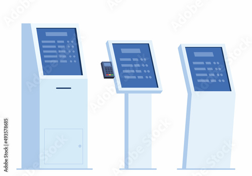 Self-service payment and information electronic terminal with touch screen, set of elements. Vector illustration in flat style.