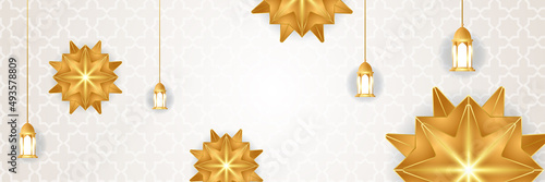 Islamic ramadan banner background with crescent pattern moon star mosque lantern. Vector illustration. Design for Eid Fitr, Eid Adha, Ashura, Islamic New Year, Muharram, Mawlid, Hajj, and Isra Miraj