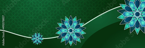 Islamic ramadan banner background with crescent pattern moon star mosque lantern. Vector illustration. Design for Eid Fitr, Eid Adha, Ashura, Islamic New Year, Muharram, Mawlid, Hajj, and Isra Miraj