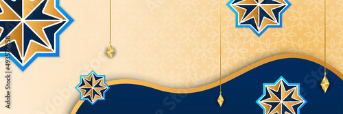 Islamic ramadan banner background with crescent pattern moon star mosque lantern. Vector illustration. Design for Eid Fitr, Eid Adha, Ashura, Islamic New Year, Muharram, Mawlid, Hajj, and Isra Miraj