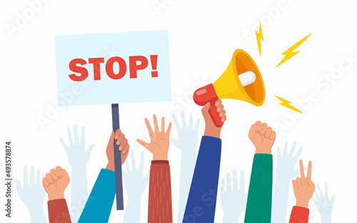 Protesters hands holding protest signs, crowd of angry people. Vector illustration.