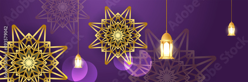 Islamic ramadan banner background with crescent pattern moon star mosque lantern. Vector illustration. Design for Eid Fitr, Eid Adha, Ashura, Islamic New Year, Muharram, Mawlid, Hajj, and Isra Miraj