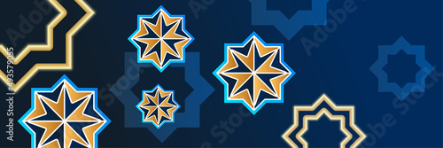 Islamic ramadan banner background with crescent pattern moon star mosque lantern. Vector illustration. Design for Eid Fitr, Eid Adha, Ashura, Islamic New Year, Muharram, Mawlid, Hajj, and Isra Miraj