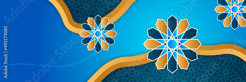 Islamic ramadan banner background with crescent pattern moon star mosque lantern. Vector illustration. Design for Eid Fitr, Eid Adha, Ashura, Islamic New Year, Muharram, Mawlid, Hajj, and Isra Miraj