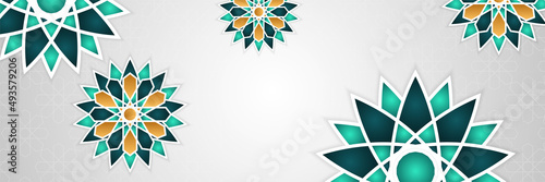 Islamic ramadan banner background with crescent pattern moon star mosque lantern. Vector illustration. Design for Eid Fitr, Eid Adha, Ashura, Islamic New Year, Muharram, Mawlid, Hajj, and Isra Miraj