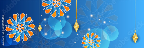 Islamic ramadan banner background with crescent pattern moon star mosque lantern. Vector illustration. Design for Eid Fitr, Eid Adha, Ashura, Islamic New Year, Muharram, Mawlid, Hajj, and Isra Miraj