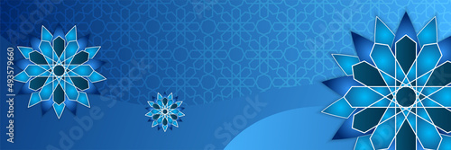 Islamic ramadan banner background with crescent pattern moon star mosque lantern. Vector illustration. Design for Eid Fitr, Eid Adha, Ashura, Islamic New Year, Muharram, Mawlid, Hajj, and Isra Miraj