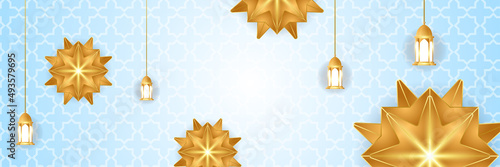 Islamic ramadan banner background with crescent pattern moon star mosque lantern. Vector illustration. Design for Eid Fitr, Eid Adha, Ashura, Islamic New Year, Muharram, Mawlid, Hajj, and Isra Miraj