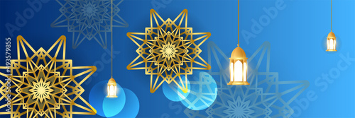 Islamic ramadan banner background with crescent pattern moon star mosque lantern. Vector illustration. Design for Eid Fitr, Eid Adha, Ashura, Islamic New Year, Muharram, Mawlid, Hajj, and Isra Miraj
