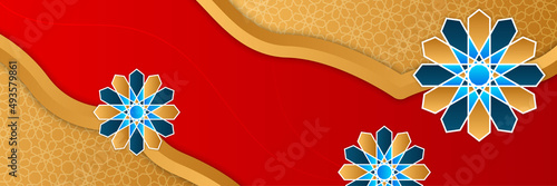 Islamic ramadan banner background with crescent pattern moon star mosque lantern. Vector illustration. Design for Eid Fitr, Eid Adha, Ashura, Islamic New Year, Muharram, Mawlid, Hajj, and Isra Miraj