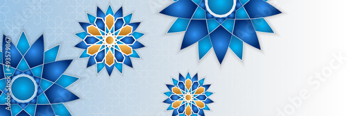 Islamic ramadan banner background with crescent pattern moon star mosque lantern. Vector illustration. Design for Eid Fitr, Eid Adha, Ashura, Islamic New Year, Muharram, Mawlid, Hajj, and Isra Miraj