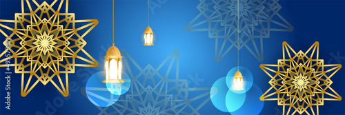 Islamic ramadan banner background with crescent pattern moon star mosque lantern. Vector illustration. Design for Eid Fitr, Eid Adha, Ashura, Islamic New Year, Muharram, Mawlid, Hajj, and Isra Miraj