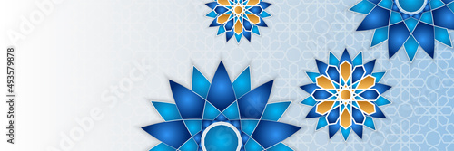 Islamic ramadan banner background with crescent pattern moon star mosque lantern. Vector illustration. Design for Eid Fitr, Eid Adha, Ashura, Islamic New Year, Muharram, Mawlid, Hajj, and Isra Miraj