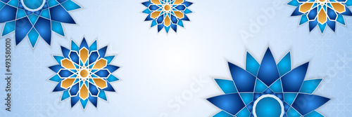 Islamic ramadan banner background with crescent pattern moon star mosque lantern. Vector illustration. Design for Eid Fitr, Eid Adha, Ashura, Islamic New Year, Muharram, Mawlid, Hajj, and Isra Miraj