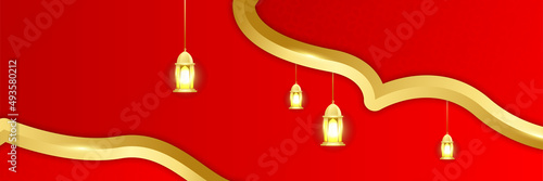 Islamic ramadan banner background with crescent pattern moon star mosque lantern. Vector illustration. Design for Eid Fitr, Eid Adha, Ashura, Islamic New Year, Muharram, Mawlid, Hajj, and Isra Miraj