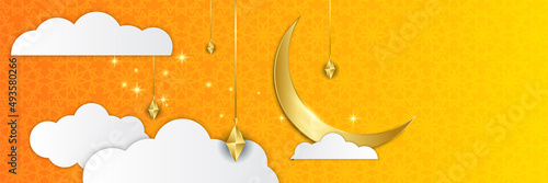 Islamic ramadan banner background with crescent pattern moon star mosque lantern. Vector illustration. Design for Eid Fitr, Eid Adha, Ashura, Islamic New Year, Muharram, Mawlid, Hajj, and Isra Miraj