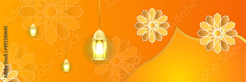 Islamic ramadan banner background with crescent pattern moon star mosque lantern. Vector illustration. Design for Eid Fitr, Eid Adha, Ashura, Islamic New Year, Muharram, Mawlid, Hajj, and Isra Miraj