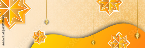 Islamic ramadan banner background with crescent pattern moon star mosque lantern. Vector illustration. Design for Eid Fitr, Eid Adha, Ashura, Islamic New Year, Muharram, Mawlid, Hajj, and Isra Miraj