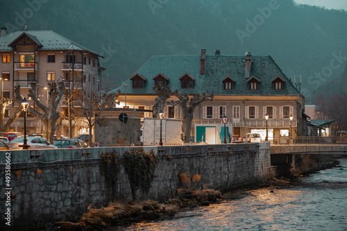 Evening view of the village of Moutiers, looking from the river